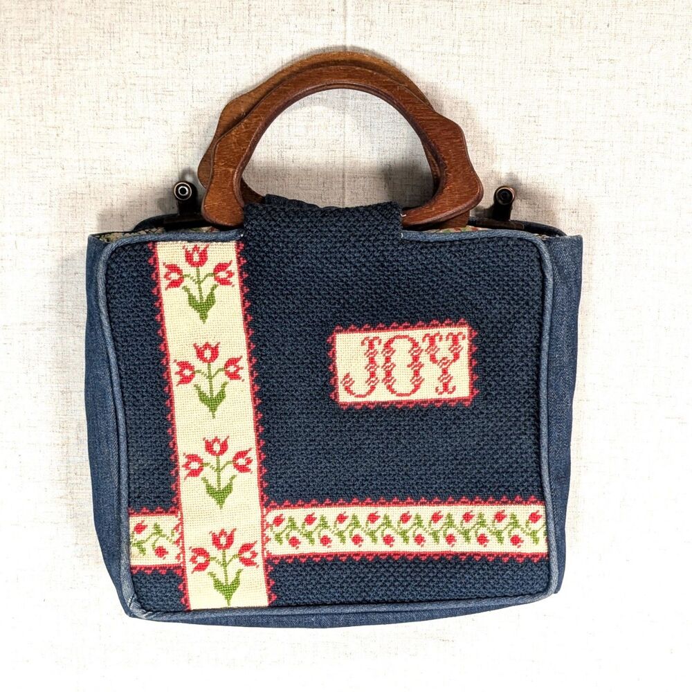 Vintage Grannycore Needlepoint & Denim Quilted Purse JOY Floral Pink Blue